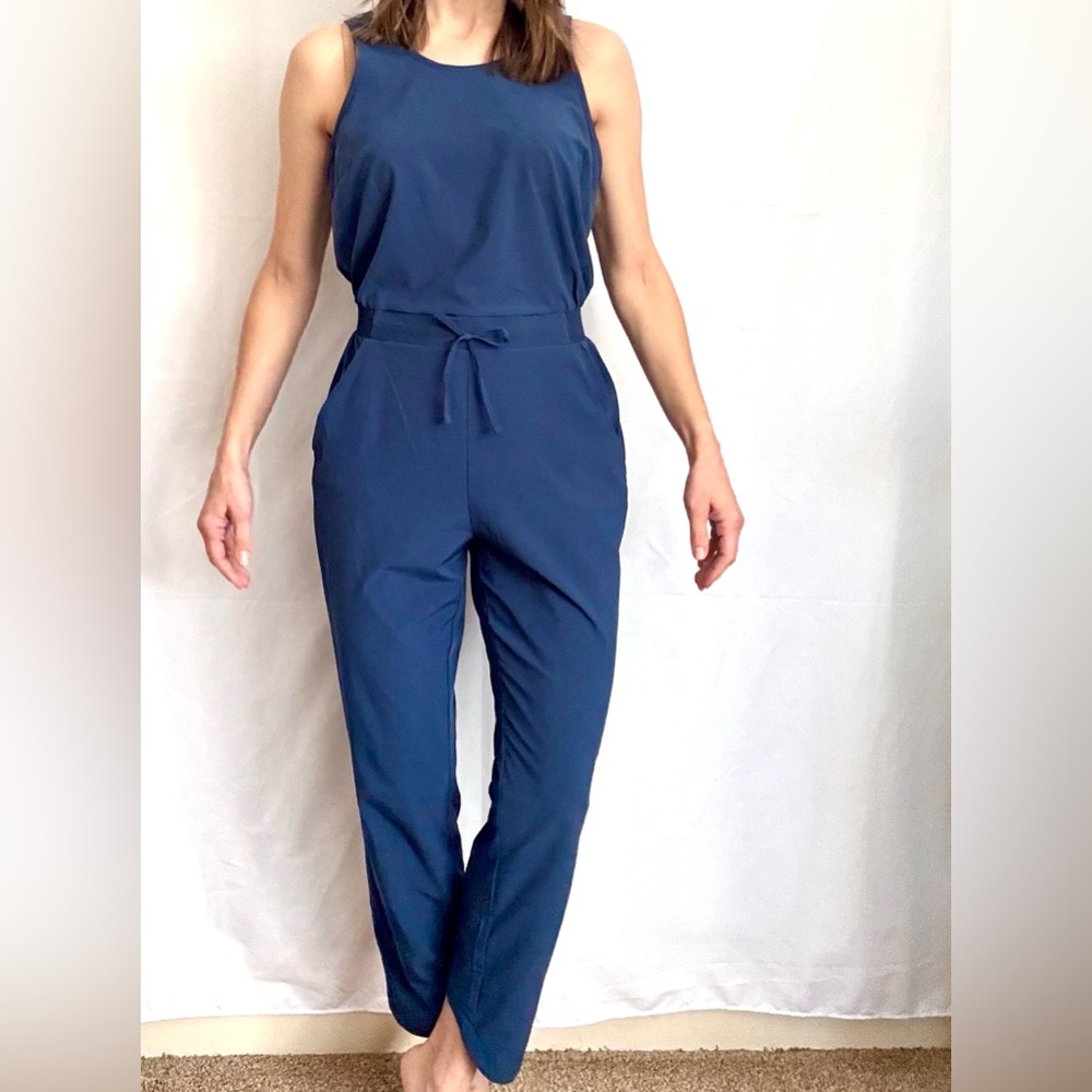 All In Motion Sleek Blue Sleeveless Jumpsuit Elastic Waist High Low Neckline